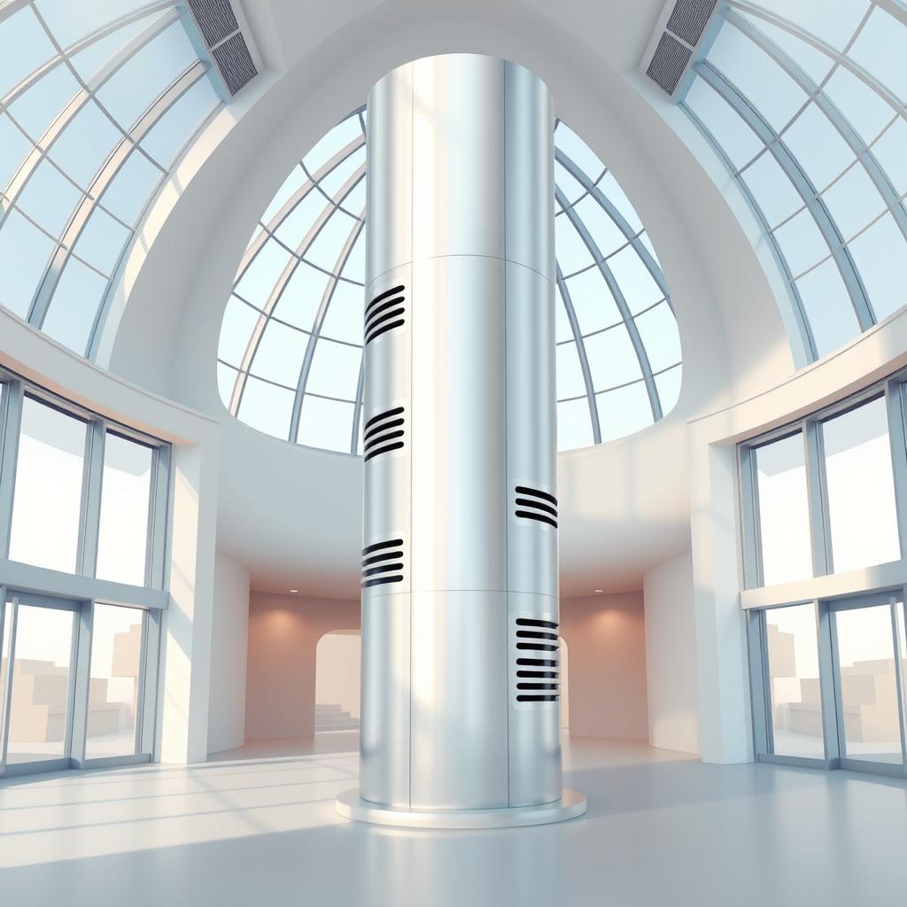 A 2D illustration of a sleek, cylindrical metallic column situated in a modern, open space