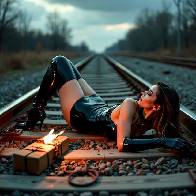 A suspenseful and striking scene featuring a lady in distress, dressed in a shiny black latex swimsuit that reflects the light dramatically, complemented by shoulder-length opera gloves and sleek thigh-high boots