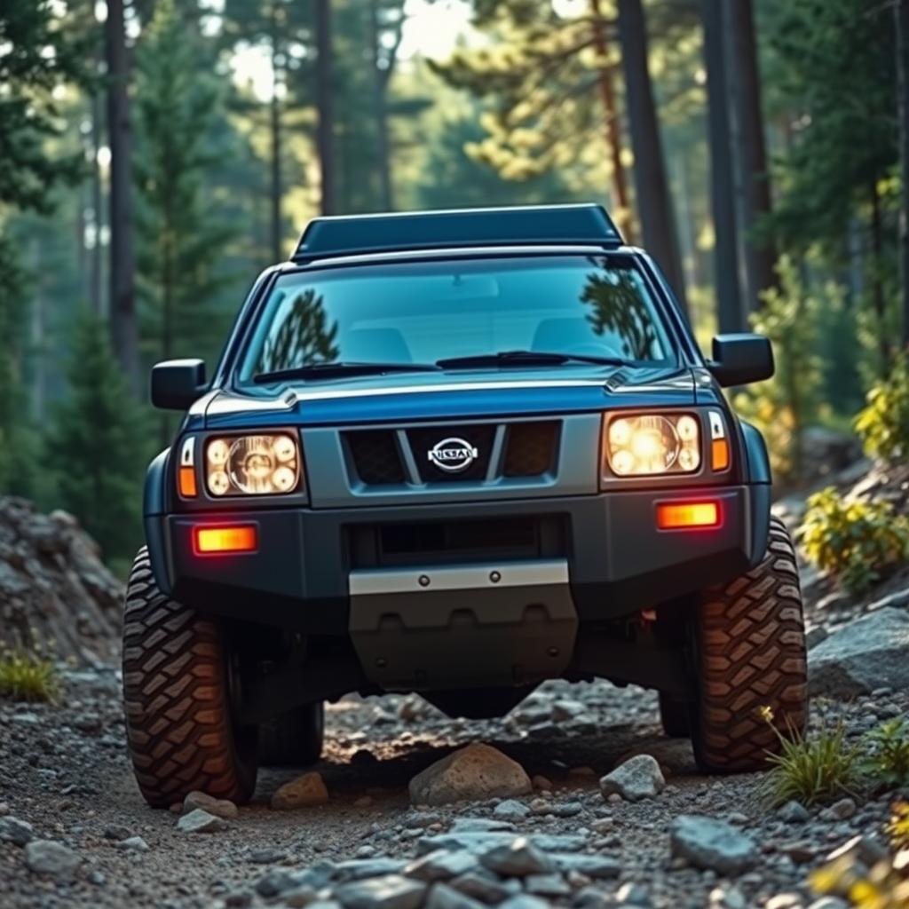 A classic 1999-2000 Nissan Xterra standing boldly in an outdoor environment, showcasing a distinctive front end that incorporates the front lights of a 1999 Nissan Terrano R20