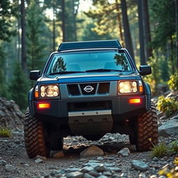 A classic 1999-2000 Nissan Xterra standing boldly in an outdoor environment, showcasing a distinctive front end that incorporates the front lights of a 1999 Nissan Terrano R20