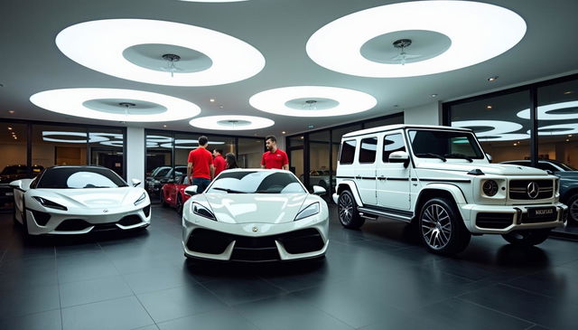 An indoor car dealership featuring a bright white ceiling adorned with modern ambient ring-shaped lights that provide a sleek and stylish illumination