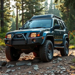 A classic 1999-2000 Nissan Xterra standing boldly in an outdoor environment, showcasing a distinctive front end that incorporates the front lights of a 1999 Nissan Terrano R20