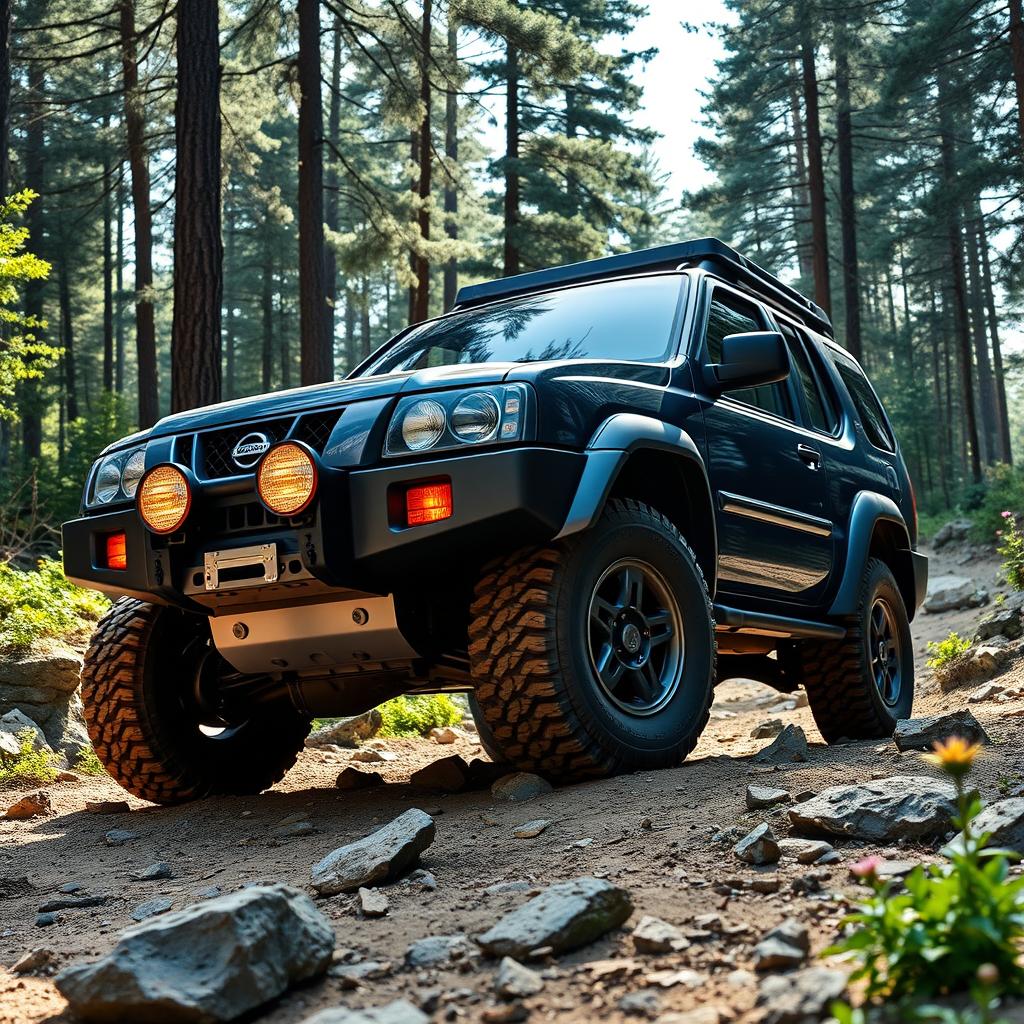 A classic 1999-2000 Nissan Xterra standing boldly in an outdoor environment, showcasing a distinctive front end that incorporates the front lights of a 1999 Nissan Terrano R20