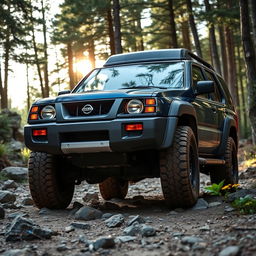 A classic 1999-2000 Nissan Xterra standing boldly in an outdoor environment, showcasing a distinctive front end that incorporates the front lights of a 1999 Nissan Terrano R20