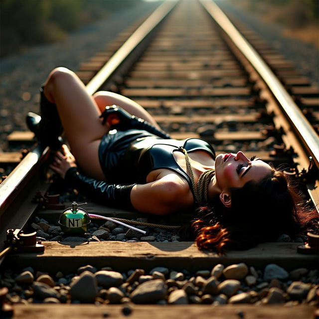 A dramatic and high-stakes scene featuring a lady in distress, clad in a shiny black latex swimsuit that reflects the surrounding light, paired with shoulder-length opera gloves and striking thigh-high boots