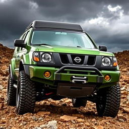 A modified off-road Nissan Xterra from the years 1999-2000, featuring the distinctive front grille and headlights from the 1999 Nissan Terrano R20