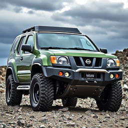 A modified off-road Nissan Xterra from the years 1999-2000, featuring the distinctive front grille and headlights from the 1999 Nissan Terrano R20