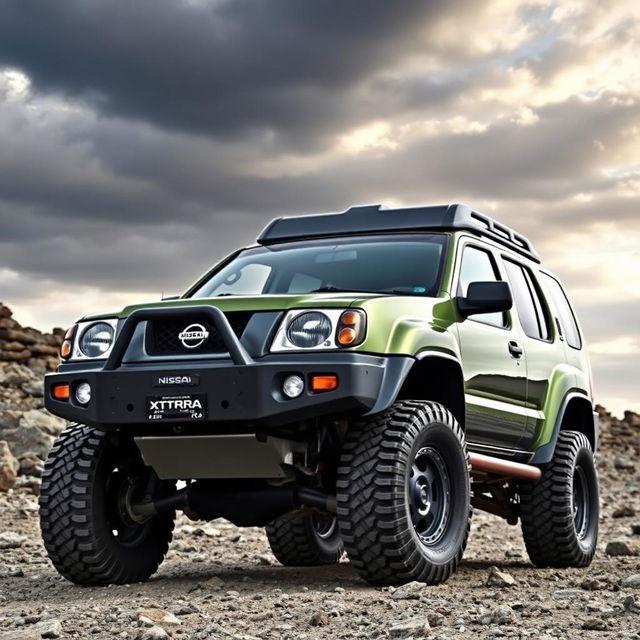 A modified off-road Nissan Xterra from the years 1999-2000, featuring the distinctive front grille and headlights from the 1999 Nissan Terrano R20