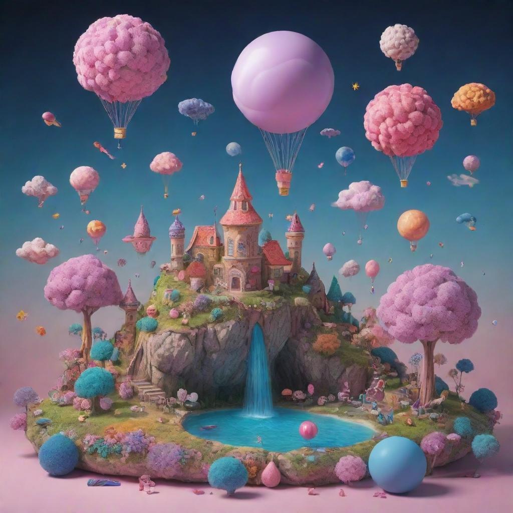 A captivating 3D artwork capturing the essence of dreams, filled with surreal objects and dream-like symbols in mesmerizing colors, evocating a sense of whimsy and fantasy