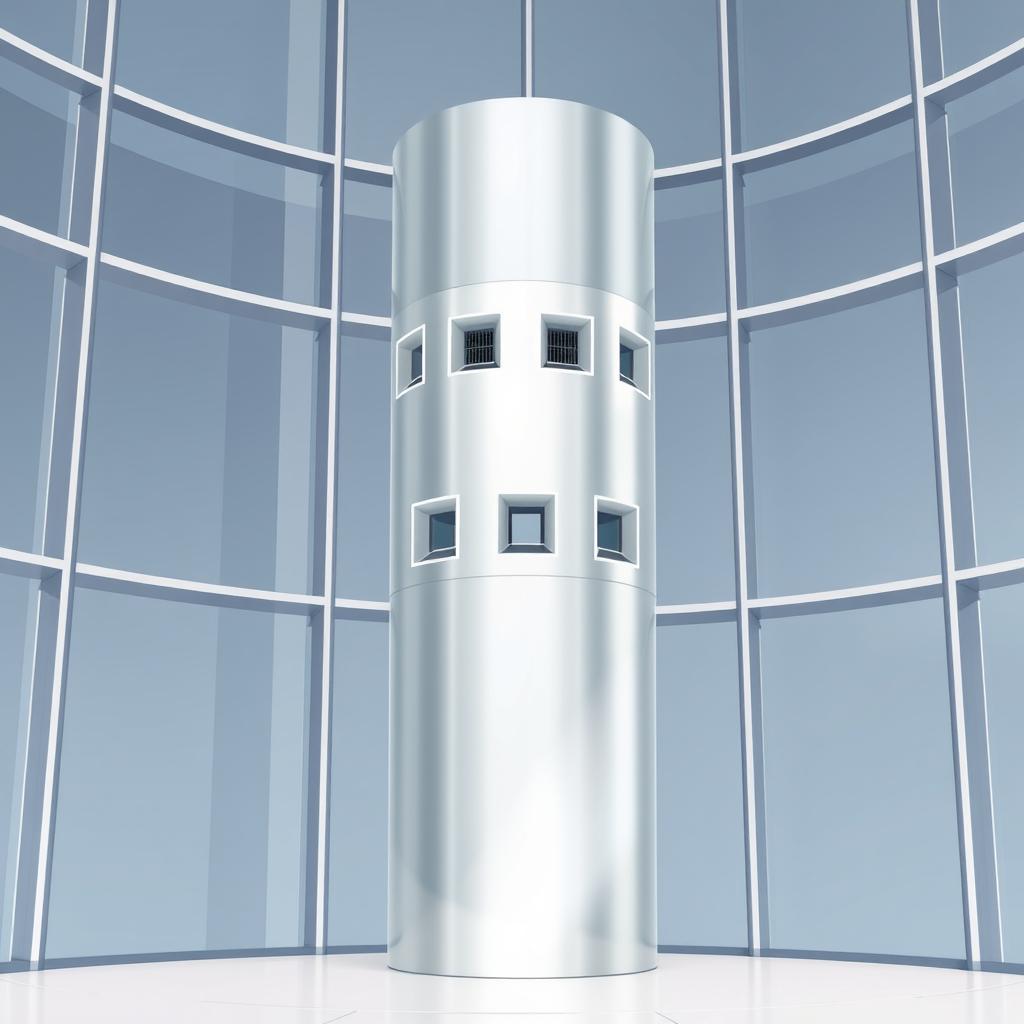 A 2D illustration of a sleek, cylindrical metallic column located near large glass windows, positioned closer to the curved glass walls rather than in the center of the building