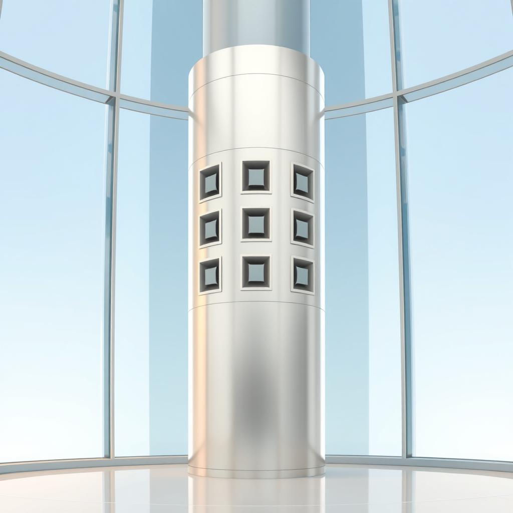 A 2D illustration of a sleek, cylindrical metallic column located near large glass windows, positioned closer to the curved glass walls rather than in the center of the building