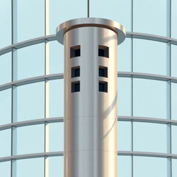 A 2D illustration of a sleek, cylindrical metallic column located near large glass windows, positioned closer to the curved glass walls rather than in the center of the building