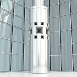 A 2D illustration of a sleek, cylindrical metallic column located near large glass windows, positioned closer to the curved glass walls rather than in the center of the building