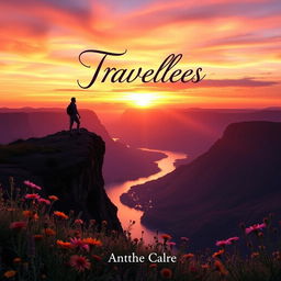 A captivating book cover design featuring a serene landscape at sunset, with a silhouette of a lone traveler standing atop a cliff overlooking a vast valley