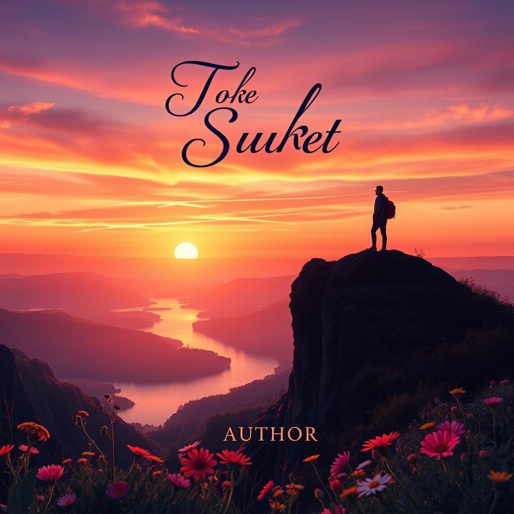 A captivating book cover design featuring a serene landscape at sunset, with a silhouette of a lone traveler standing atop a cliff overlooking a vast valley