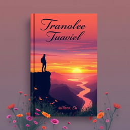 A captivating book cover design featuring a serene landscape at sunset, with a silhouette of a lone traveler standing atop a cliff overlooking a vast valley