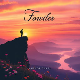 A captivating book cover design featuring a serene landscape at sunset, with a silhouette of a lone traveler standing atop a cliff overlooking a vast valley