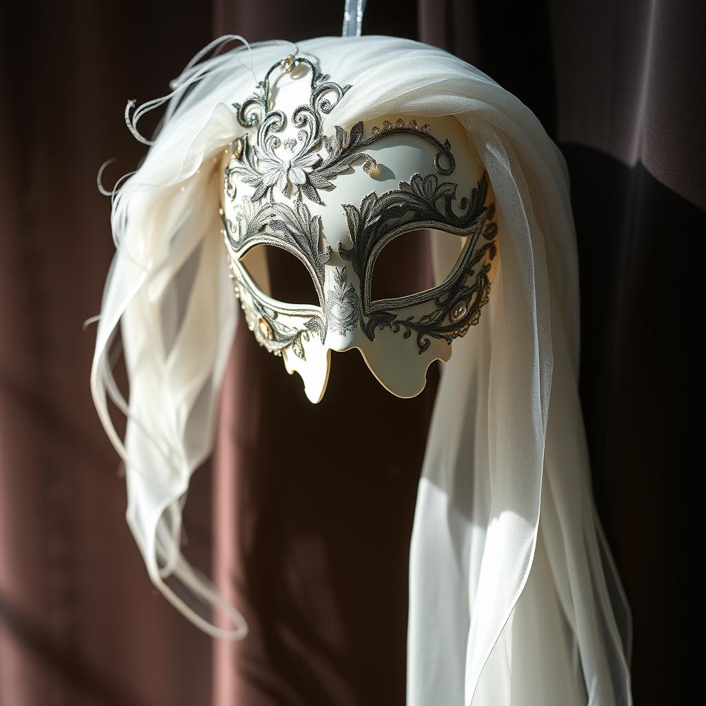 A beautifully designed ghost masquerade mask, intricately adorned with delicate lace and shimmering beads