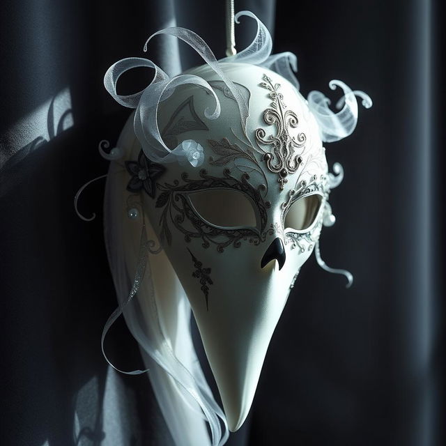 A beautifully designed ghost masquerade mask, intricately adorned with delicate lace and shimmering beads