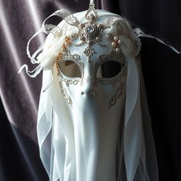 A beautifully designed ghost masquerade mask, intricately adorned with delicate lace and shimmering beads