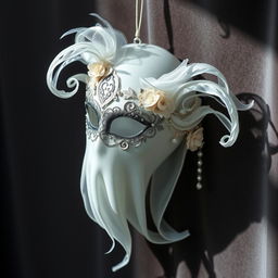 A beautifully designed ghost masquerade mask, intricately adorned with delicate lace and shimmering beads