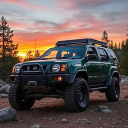 A modified off-road Nissan Xterra from the years 1999-2000, featuring the distinctive front end of the 1999-2002 Nissan Terrano R20, including its grille and headlights