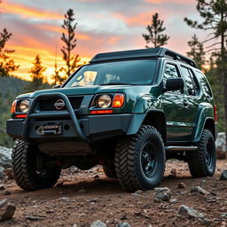 A modified off-road Nissan Xterra from the years 1999-2000, featuring the distinctive front end of the 1999-2002 Nissan Terrano R20, including its grille and headlights