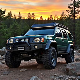 A modified off-road Nissan Xterra from the years 1999-2000, featuring the distinctive front end of the 1999-2002 Nissan Terrano R20, including its grille and headlights