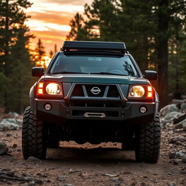 A modified off-road Nissan Xterra from the years 1999-2000, featuring the distinctive front end of the 1999-2002 Nissan Terrano R20, including its grille and headlights