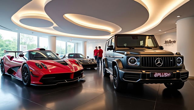 An indoor car dealership designed with a modern aesthetic, featuring a white ceiling adorned with stylish ambient ring-shaped lights that provide a warm glow throughout the space