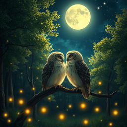 A romantic scene in a serene forest under a full moon, showcasing two owls perched close together, their feathers shimmering softly in the moonlight