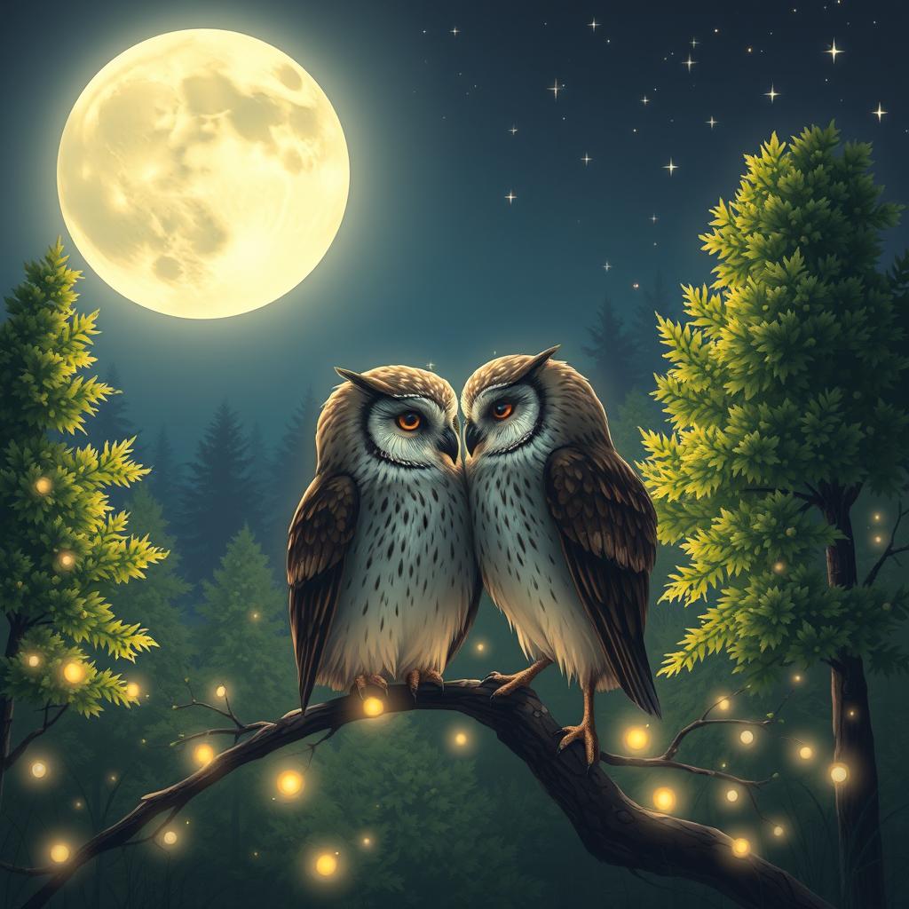 A romantic scene in a serene forest under a full moon, showcasing two owls perched close together, their feathers shimmering softly in the moonlight