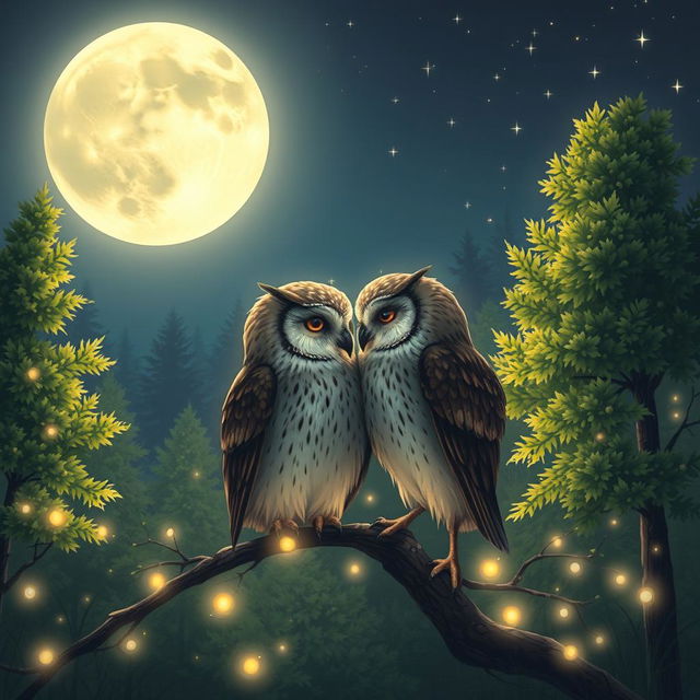 A romantic scene in a serene forest under a full moon, showcasing two owls perched close together, their feathers shimmering softly in the moonlight