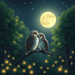 A romantic scene in a serene forest under a full moon, showcasing two owls perched close together, their feathers shimmering softly in the moonlight