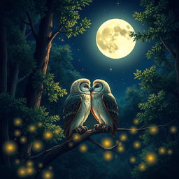 A romantic scene in a serene forest under a full moon, showcasing two owls perched close together, their feathers shimmering softly in the moonlight