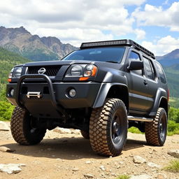 A customized off-road Nissan Xterra from the years 1999-2000, showcasing the front end design of the 1999-2002 Nissan Terrano R20, complete with its distinctive grille and headlights