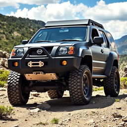 A customized off-road Nissan Xterra from the years 1999-2000, showcasing the front end design of the 1999-2002 Nissan Terrano R20, complete with its distinctive grille and headlights