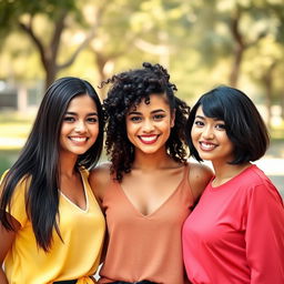 Three beautiful women with fair skin, each showcasing a different hairstyle that represents their unique personalities