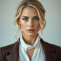 A 36-year-old Russian woman with blonde hair, portrayed in a frontal view