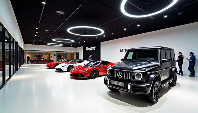 An indoor car dealership that exudes luxury and style, featuring a striking black ceiling adorned with three ambient ring-shaped lights that provide a modern and futuristic glow