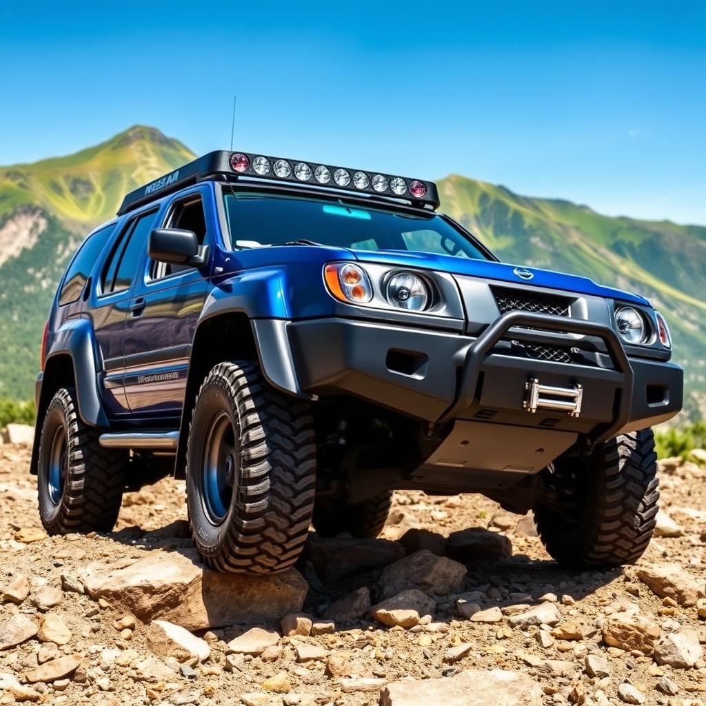 An off-road modified Nissan Xterra from 1999-2000, incorporating the front design elements of the 1999-2002 Nissan Terrano R20, featuring its iconic grille and sleek headlights