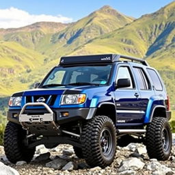 An off-road modified Nissan Xterra from 1999-2000, incorporating the front design elements of the 1999-2002 Nissan Terrano R20, featuring its iconic grille and sleek headlights