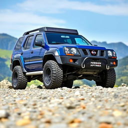 An off-road modified Nissan Xterra from 1999-2000, incorporating the front design elements of the 1999-2002 Nissan Terrano R20, featuring its iconic grille and sleek headlights