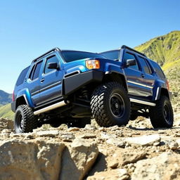 An off-road modified Nissan Xterra from 1999-2000, incorporating the front design elements of the 1999-2002 Nissan Terrano R20, featuring its iconic grille and sleek headlights