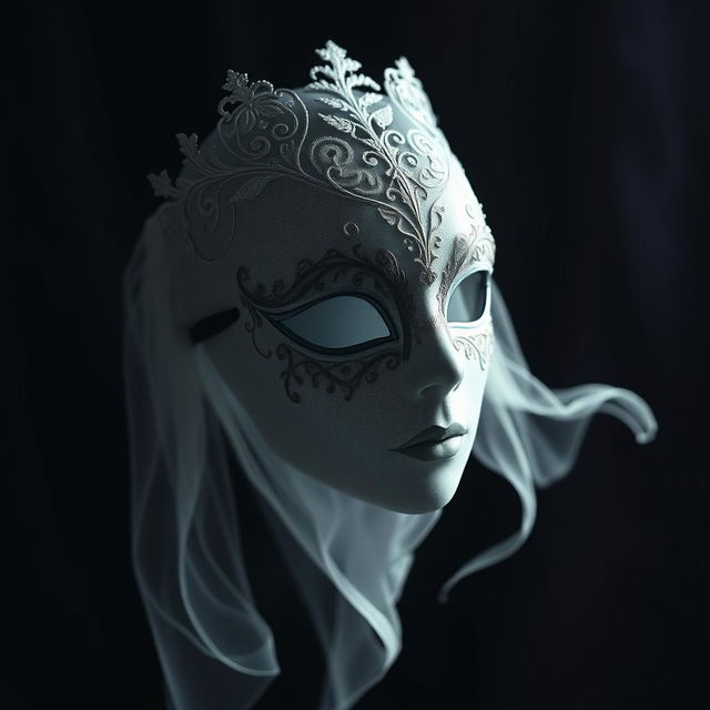 An enchanting ghost masquerade mask, featuring intricate lacework and ethereal designs that suggest a supernatural elegance