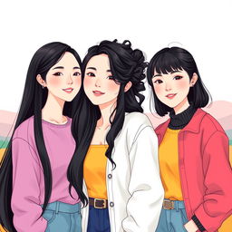 An illustration depicting three beautiful women with fair skin, styled as full-body representations of Korean women