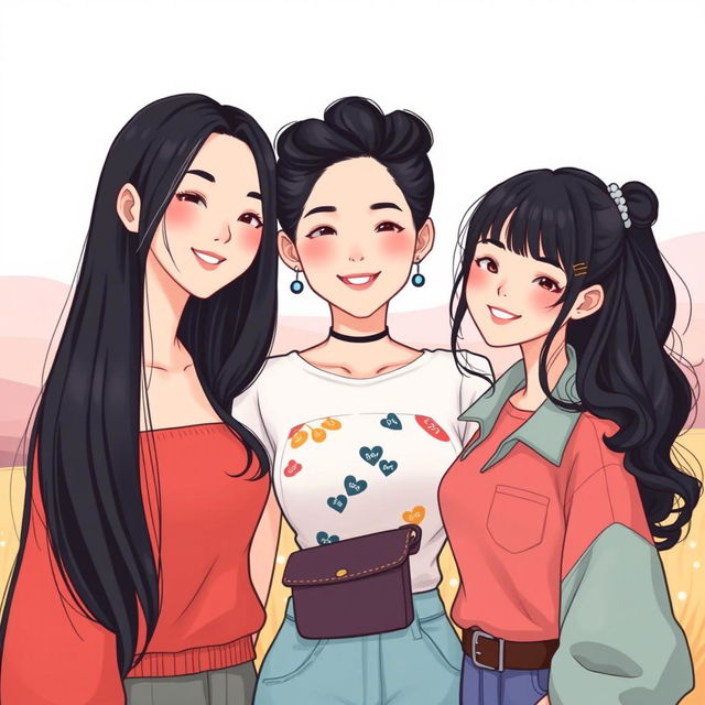 An illustration depicting three beautiful women with fair skin, styled as full-body representations of Korean women