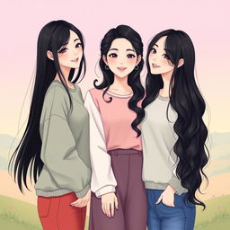 An illustration depicting three beautiful women with fair skin, styled as full-body representations of Korean women