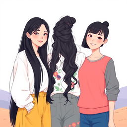 An illustration depicting three beautiful women with fair skin, styled as full-body representations of Korean women