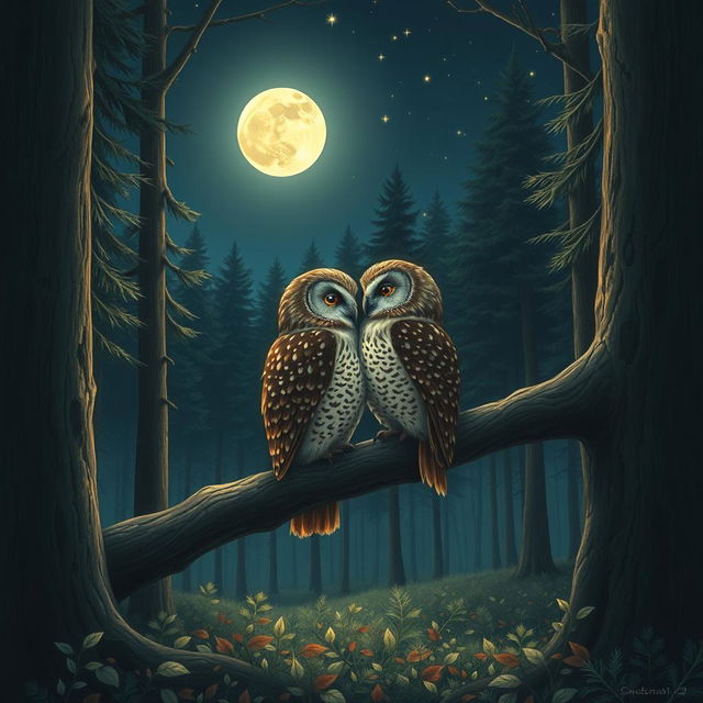 A realistic scene in a tranquil forest illuminated by a bright full moon, featuring two owls nestled closely together on a sturdy branch